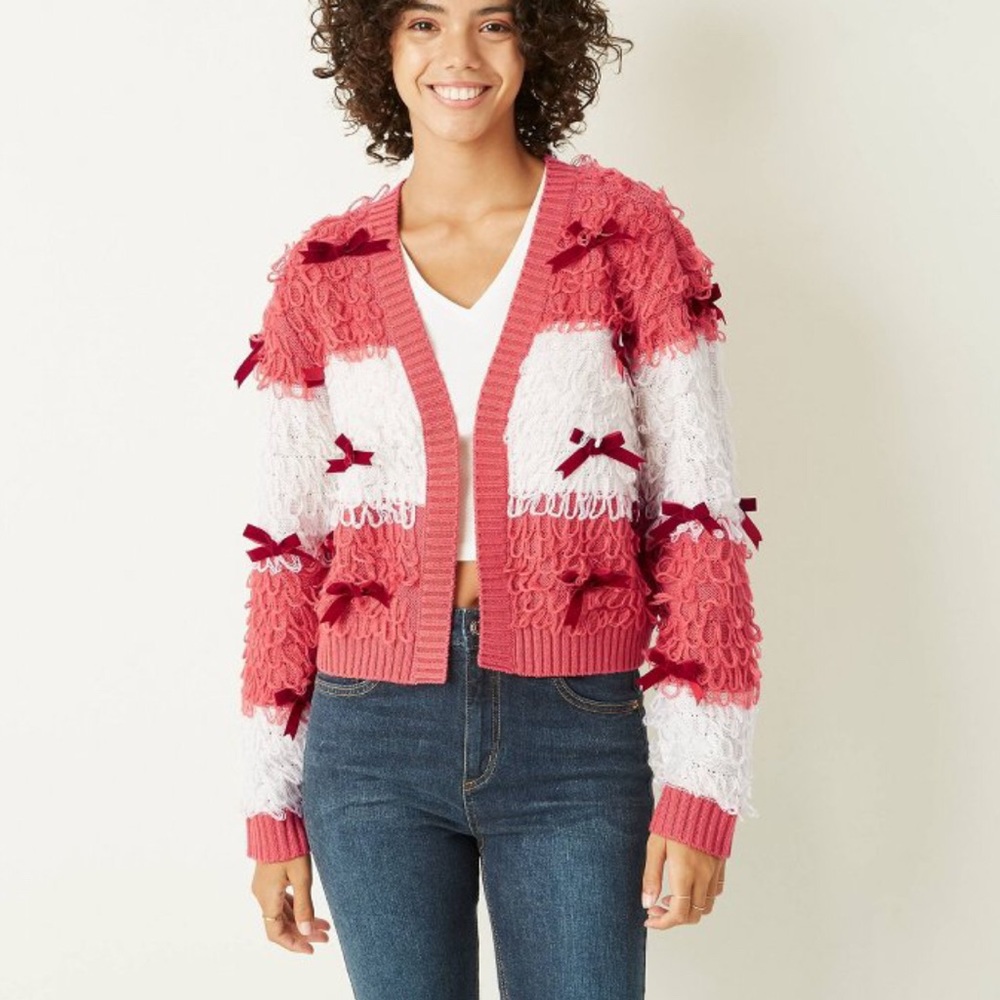 Stripe Knit cardigan with red bows